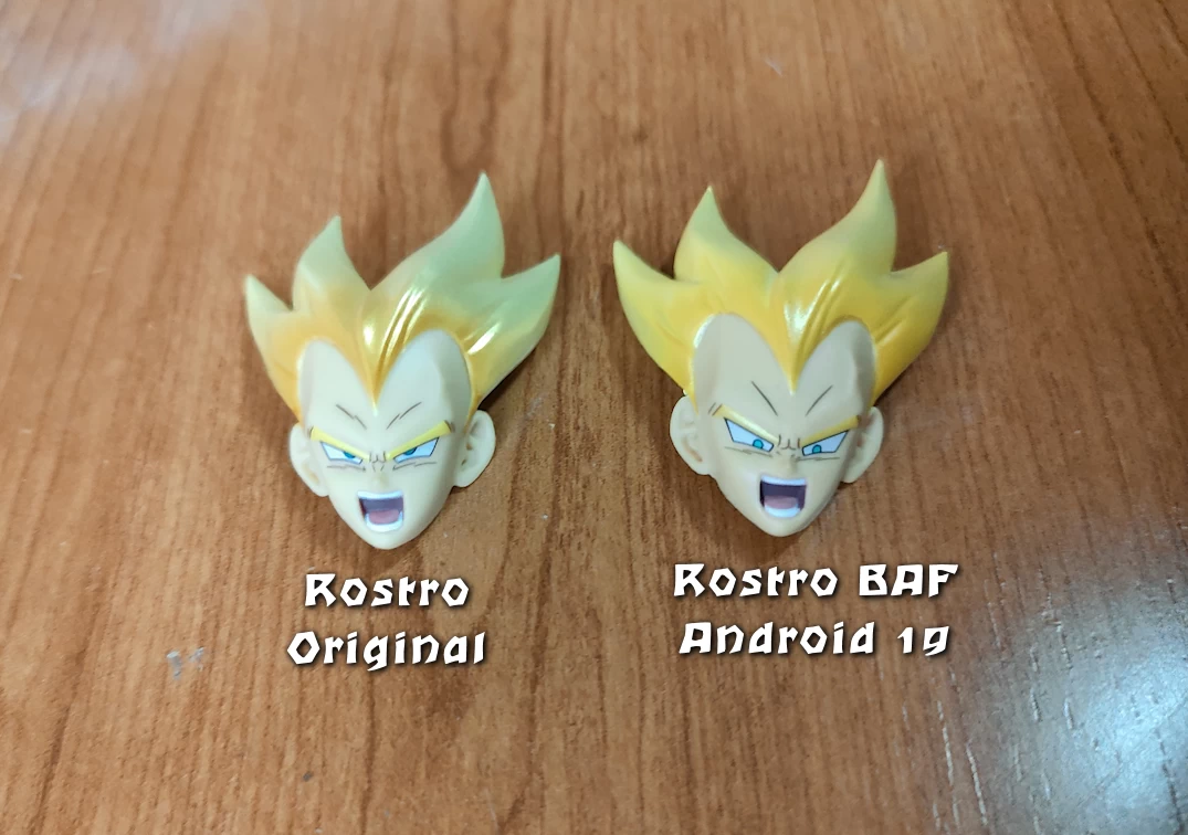 Comparando el rostro original incluido con el SHF de SSJ Vegeta ‘Awakening Super Saiyan Blood’ 2023 y su rostro BAF incluido con la figura del Android 19