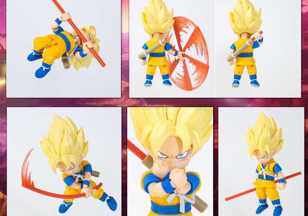 Fotos promocionales del SHF de SSJ Goku (mini) 'Daima' 2025 con accesorios incluidos en King Gomah y Goku 'mini' en estado base