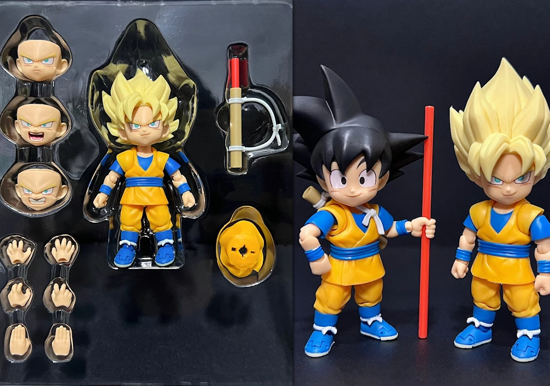 Accesorios y Comparación los SHF de Goku 'Mini' de Daima en Estado Base y Super Saiyanjin