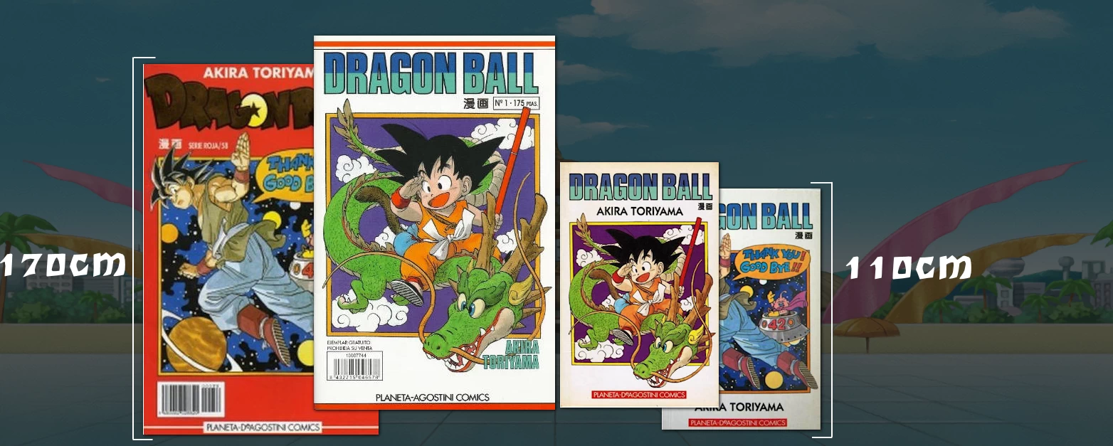 Comparison of sizes between the Tankobon and Magazine formats of the White/Red Series of DB.