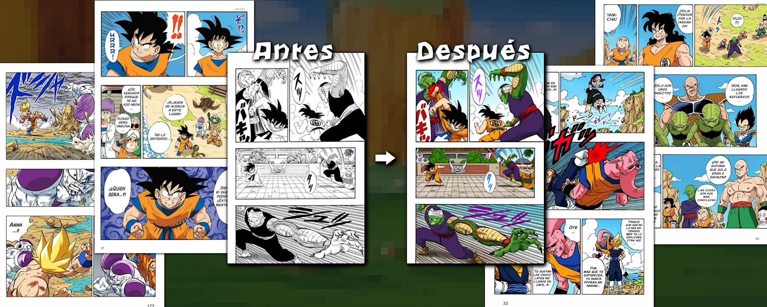 Algunas páginas del manga de DB Color Edition y el antes y después del coloreado