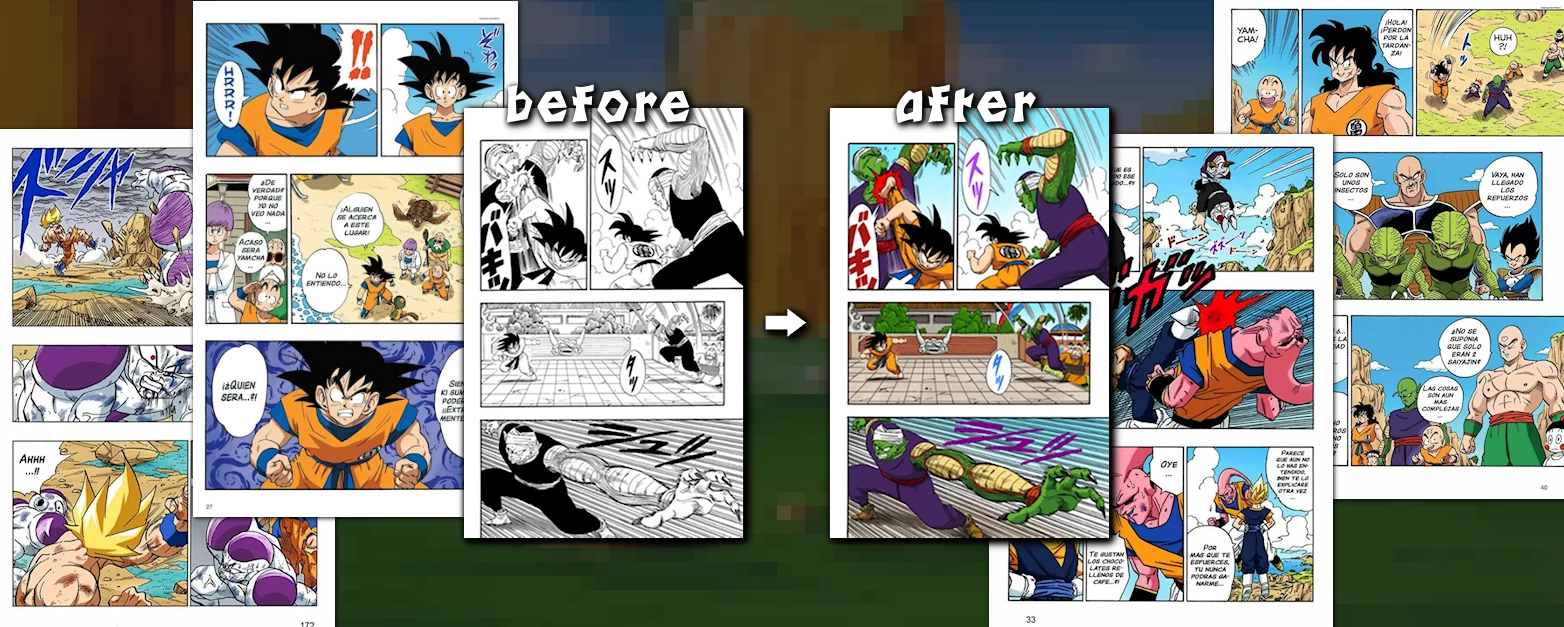 Some pages from the Dragon Ball Color Edition manga and a before-and-after comparison of the coloring.